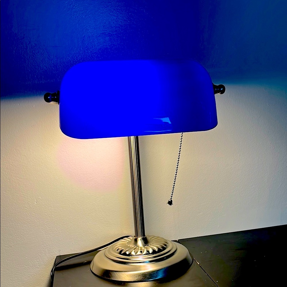 Blue Glass Banker's Lamp with Silver Base